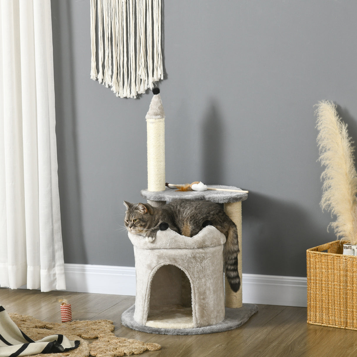 easycomfort easycomfort albero tiragraffi per gatti con casetta e lettino rivestimento peluche e gioco 48x48x86cm grigio