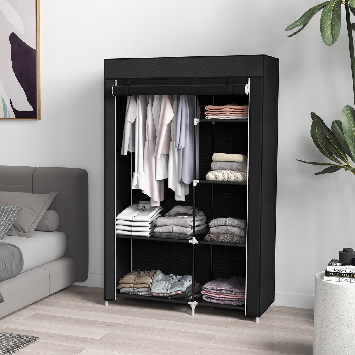easycomfort easycomfort armadio guardaroba portatile in tessuto con 6 ripiani aperti e un appendino 103x43x162 5 cm nero