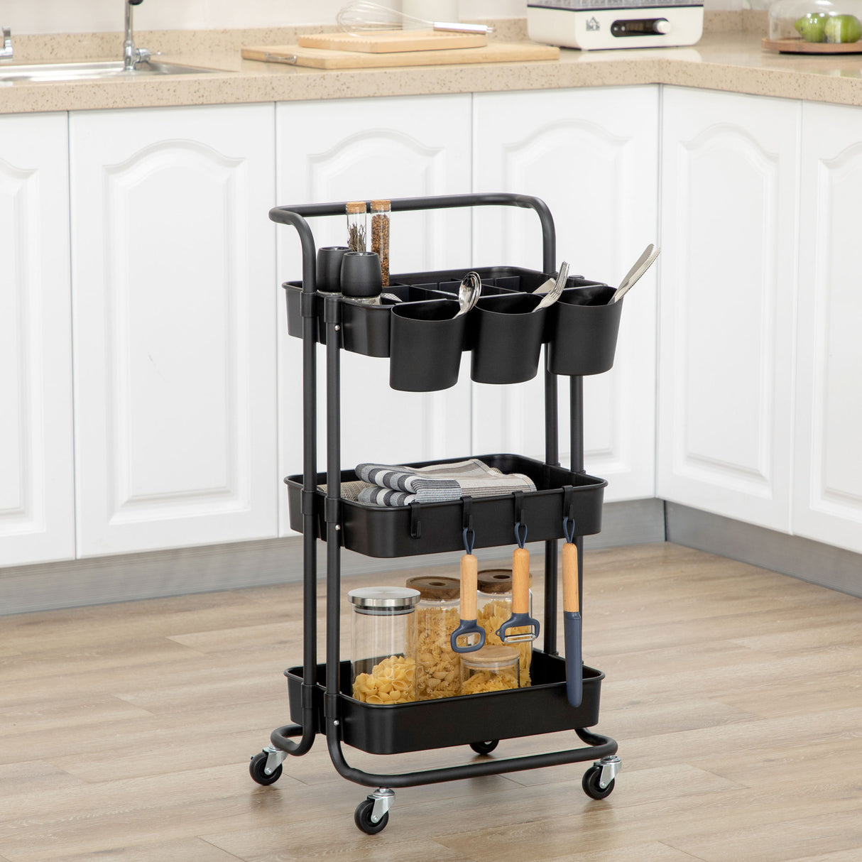 easycomfort easycomfort carrello cucina multiuso a 3 livelli con cestini e ganci rimovibili ripiano con 12 divisori nero