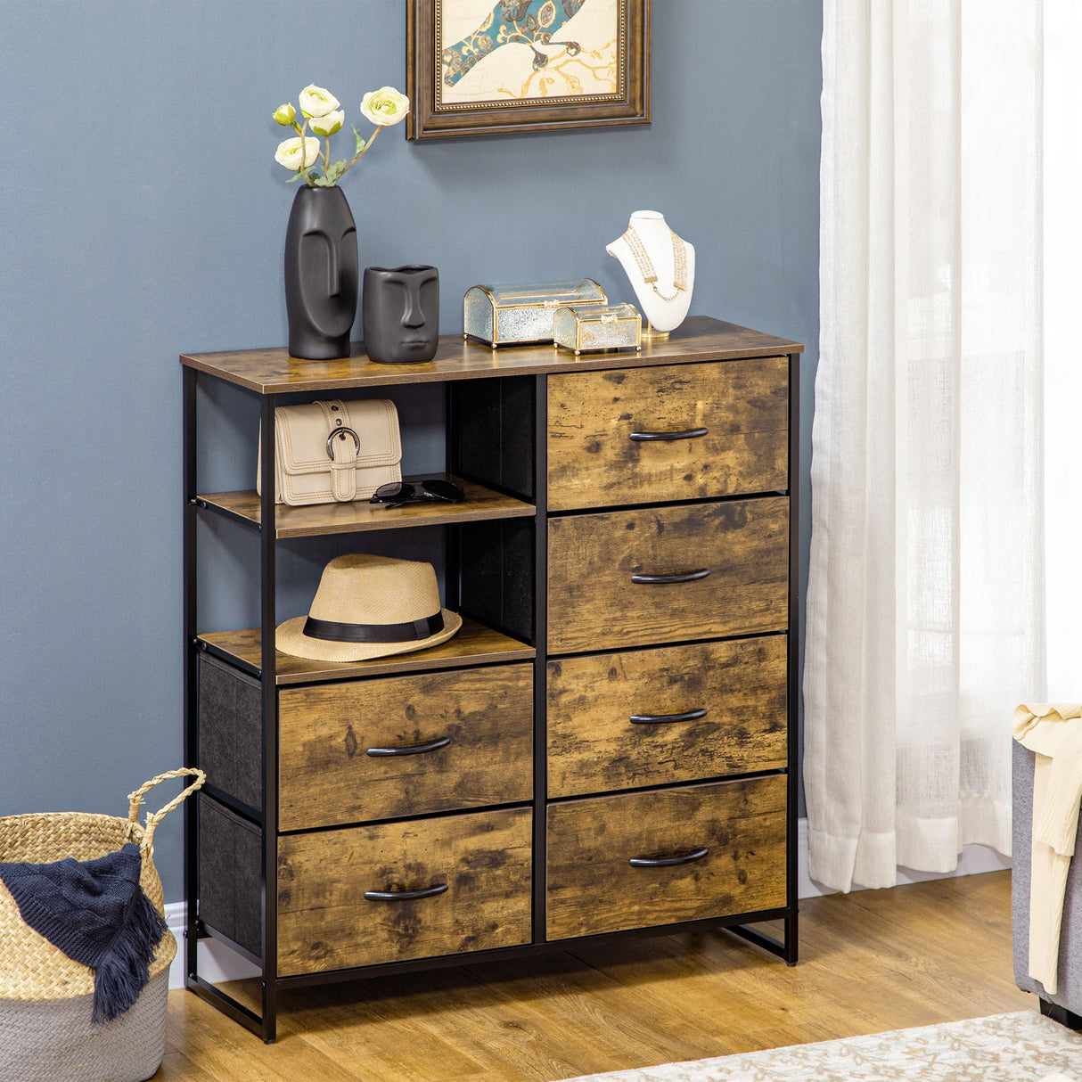 easycomfort easycomfort cassettiera 6 cassetti in tessuto pieghevoli stile industriale in acciaio e legno 84x30x92cm marrone rustico