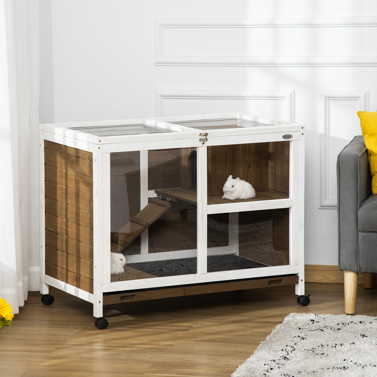 easycomfort easycomfort conigliera a 2 livelli con casetta rampa e vassoio estraibile in legno di abete 91 5x53 3x73 cm marrone