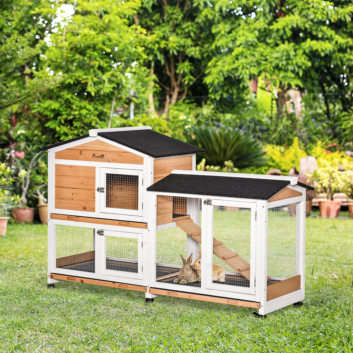easycomfort easycomfort conigliera a 2 livelli con rete protettiva in legno metallo e bitume 157 4x53x99 5 cm giallo bianco e nero