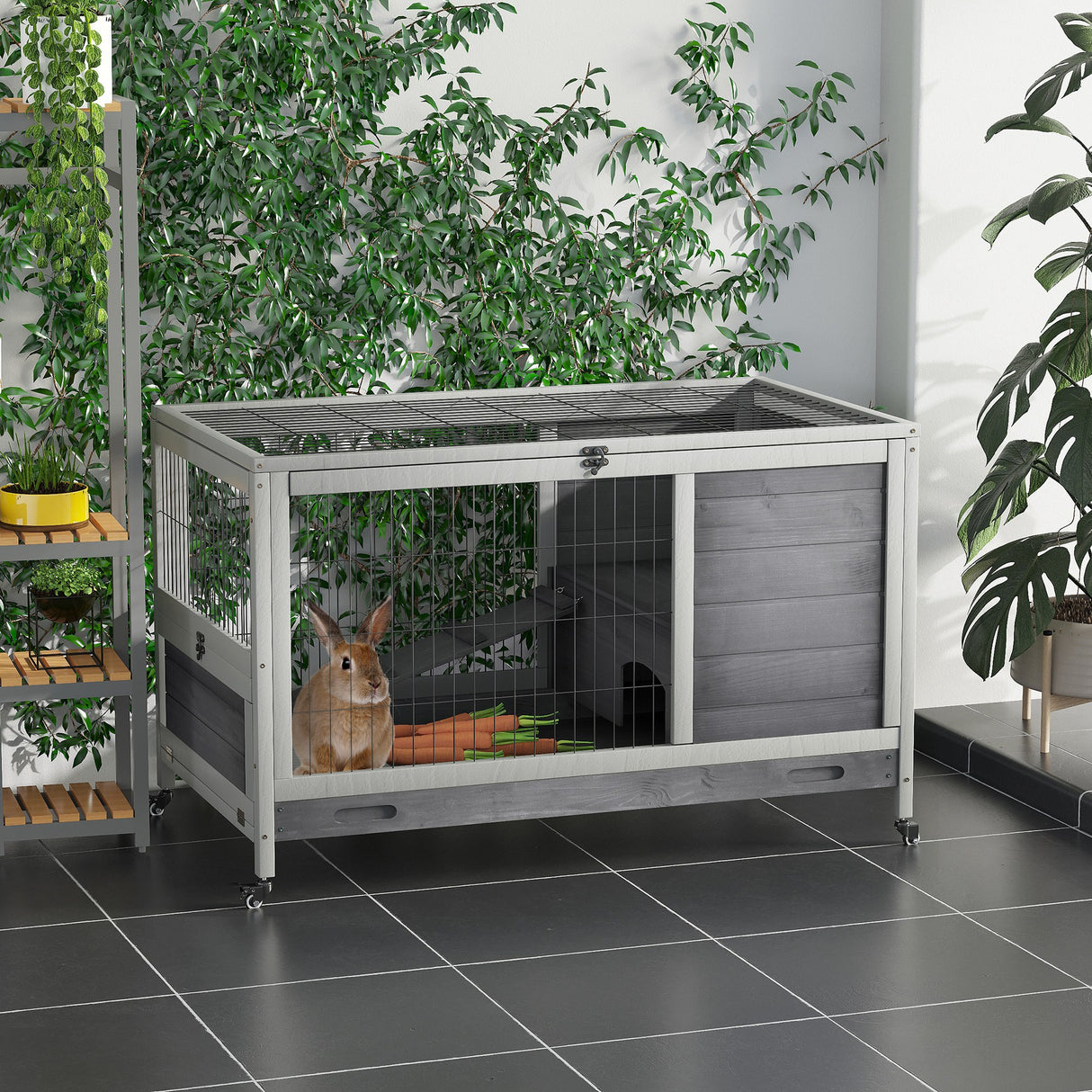 easycomfort easycomfort conigliera in legno con 4 ruote casetta per conigli e rampa 90x53x59cm grigio