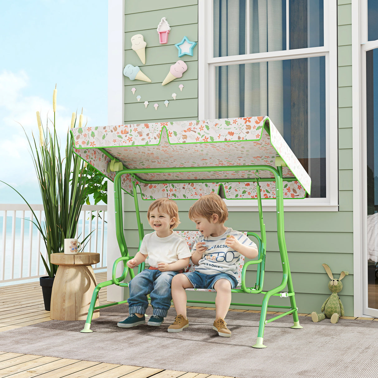 easycomfort easycomfort dondolo per bambini da esterno a 2 posti con tettuccio regolabile e cinture di sicurezza 112x75x120 cm verde