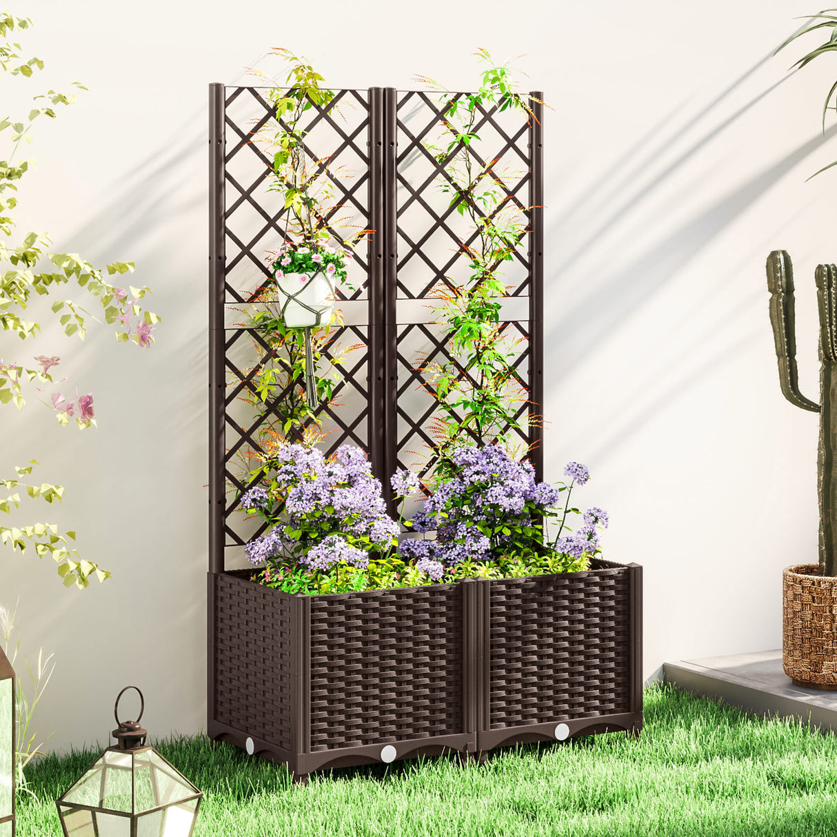 easycomfort easycomfort fioriera rialzata con traliccio per rampicanti e 8 fori di drenaggio in pp 80x40x135 cm marrone