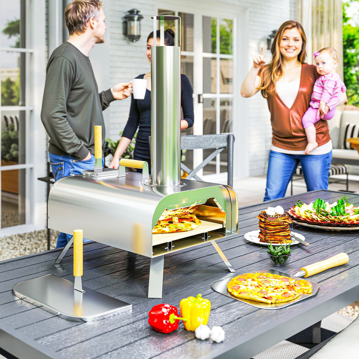 easycomfort easycomfort forno per pizza a pellet di legno con pietra refrattaria e pala in acciaio inox 79x36x75 cm argento