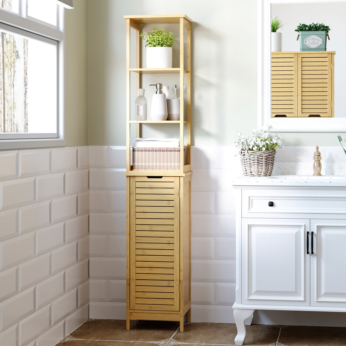 easycomfort easycomfort mobile bagno a 3 ripiani e 1 credenza design a doghe bambu 34x30x173cm
