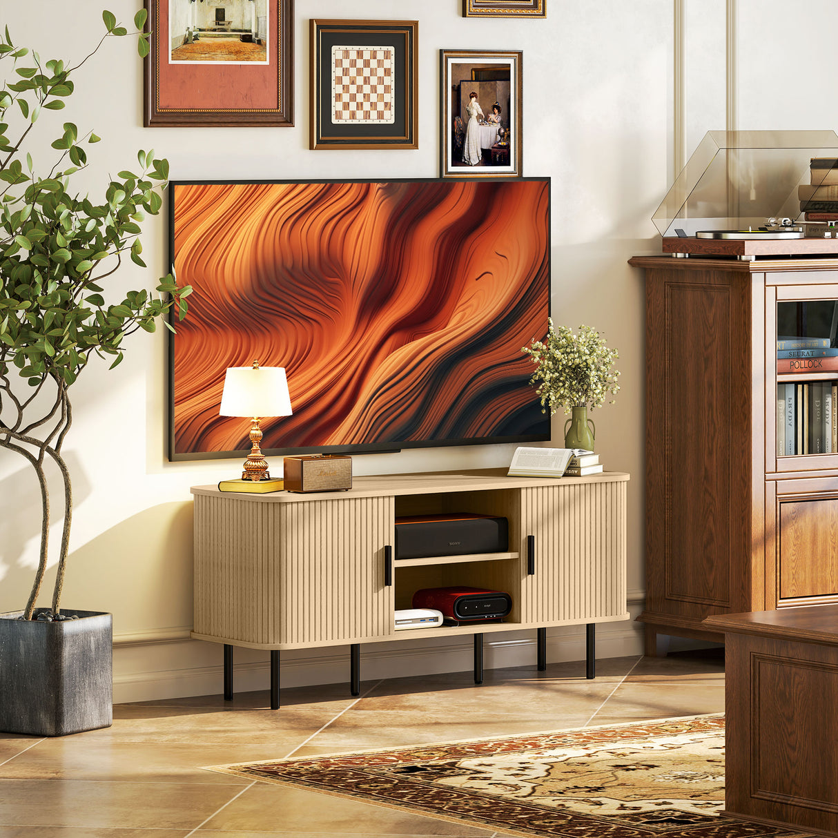 easycomfort easycomfort mobile tv 55 con 2 armadietti e 2 ripiani in legno e acciaio 120x40x55 cm nero e rovere
