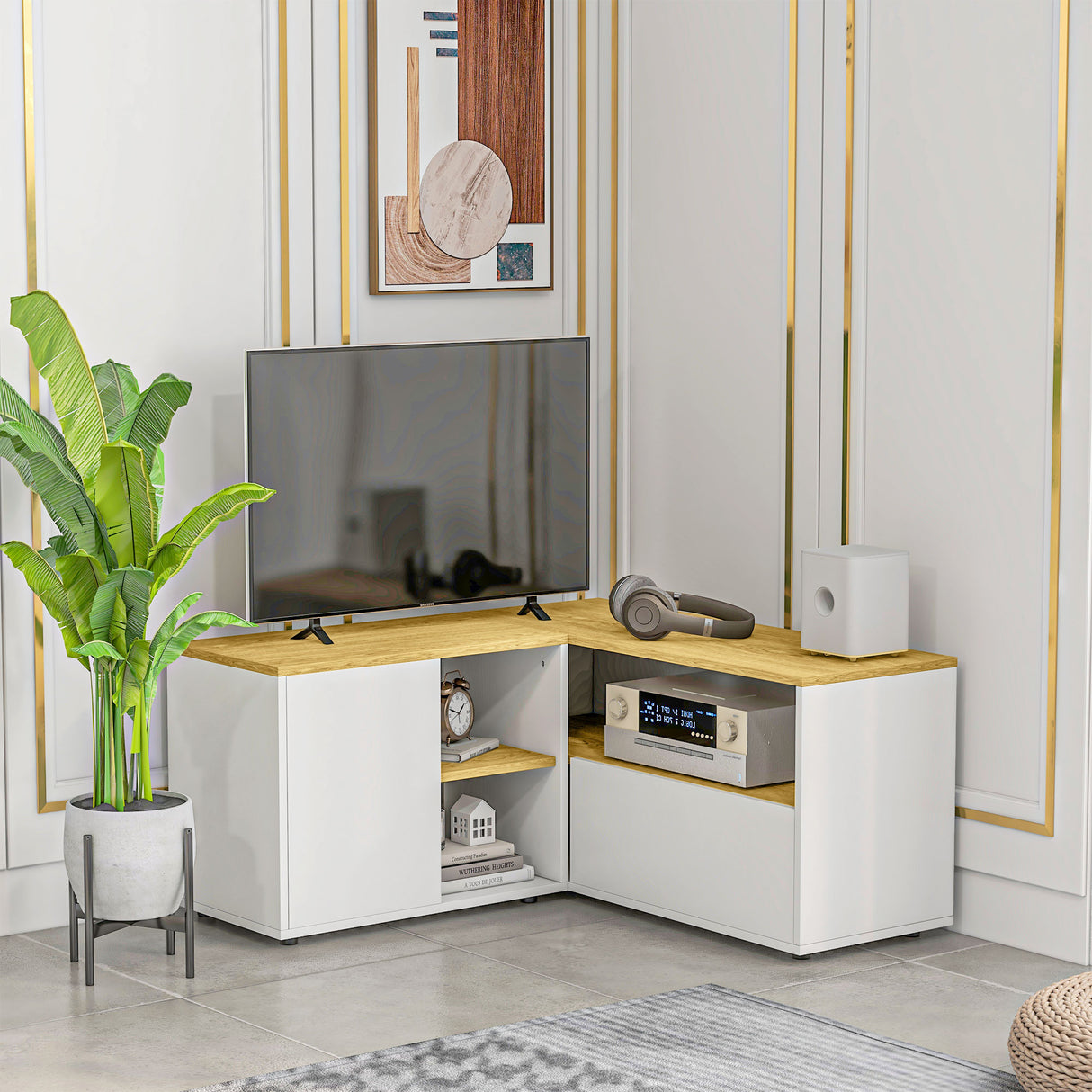 easycomfort easycomfort mobile tv a l per tv da 40 con 3 ripiani aperti e 2 armadietti in truciolato 90x90x45 cm
