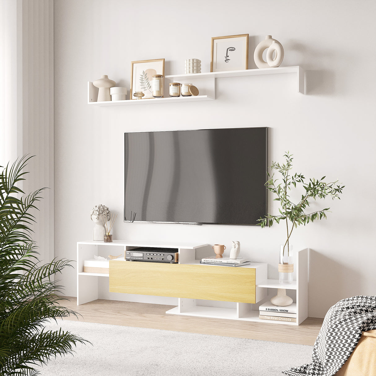 easycomfort easycomfort mobile tv con mensola a muro ripiani aperti e armadietto in legno bianco e legno naturale