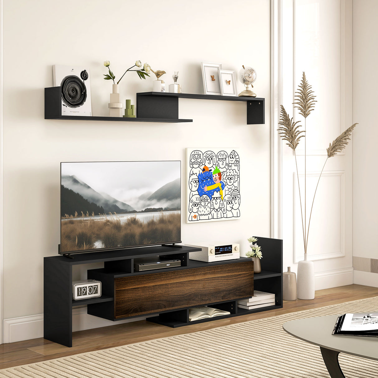 easycomfort easycomfort mobile tv con mensola a muro ripiani aperti e armadietto in legno nero e marrone