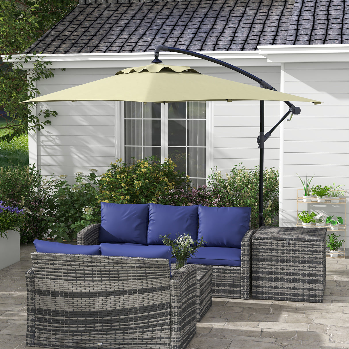 easycomfort easycomfort ombrellone da giardino decentrato con base a croce e apertura a manovella 294x193cm beige