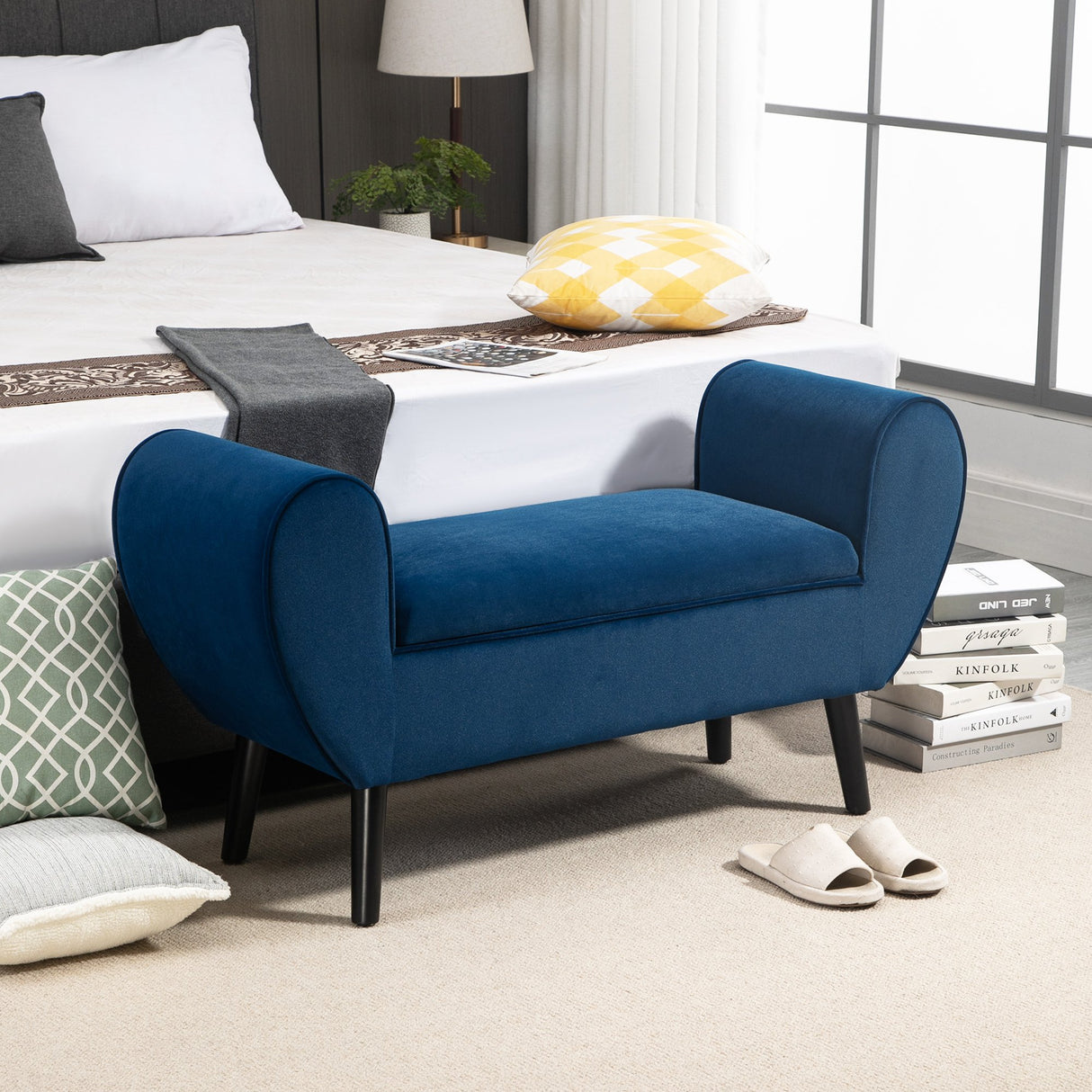 easycomfort easycomfort panca contenitore imbottita per interno in tessuto vellutato con braccioli 118x42x66cm blu