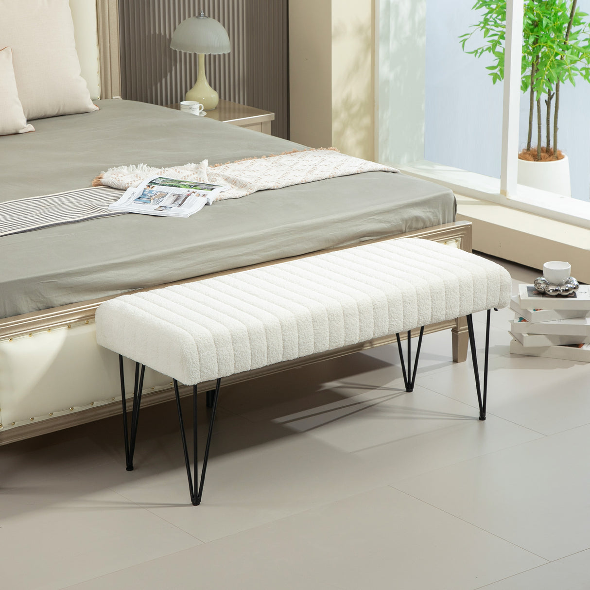 easycomfort easycomfort panca fondoletto moderna con gambe a forcina in tessuto effetto ciniglia legno e metallo 118 5x46x49 5 cm crema