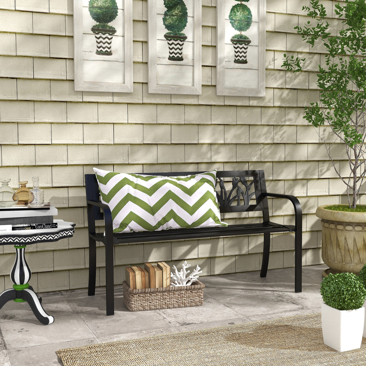 easycomfort easycomfort panchina da giardino a 2 posti in acciaio con schienale decorato e braccioli 125x50x75cm nero