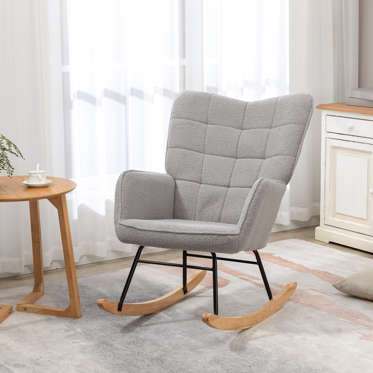 easycomfort easycomfort poltrona a dondolo imbottita in legno e acciaio con rivestimento boucle 71x98x101 cm grigio