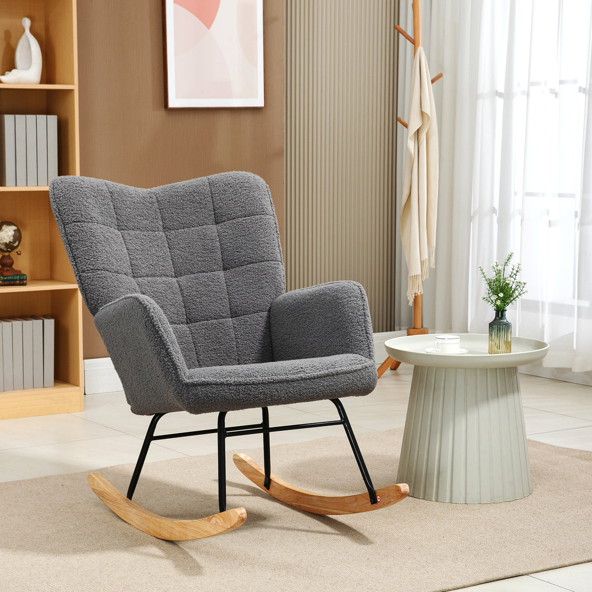 easycomfort easycomfort poltrona a dondolo imbottita in legno e acciaio per soggiorno e camera da letto 71x98x101 cm grigio scuro
