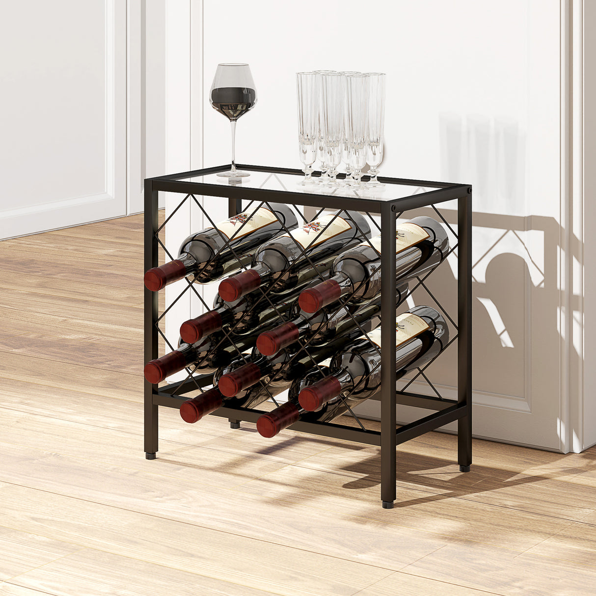 easycomfort easycomfort portabottiglie vini per 10 bottiglie in acciaio nero con piano dappoggio in vetro temperato 41x22x41 cm