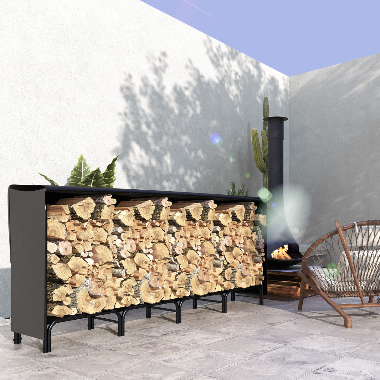 easycomfort easycomfort portalegna da interno ed esterno in metallo con telo porta legna e copertura 240x36x99cm nero