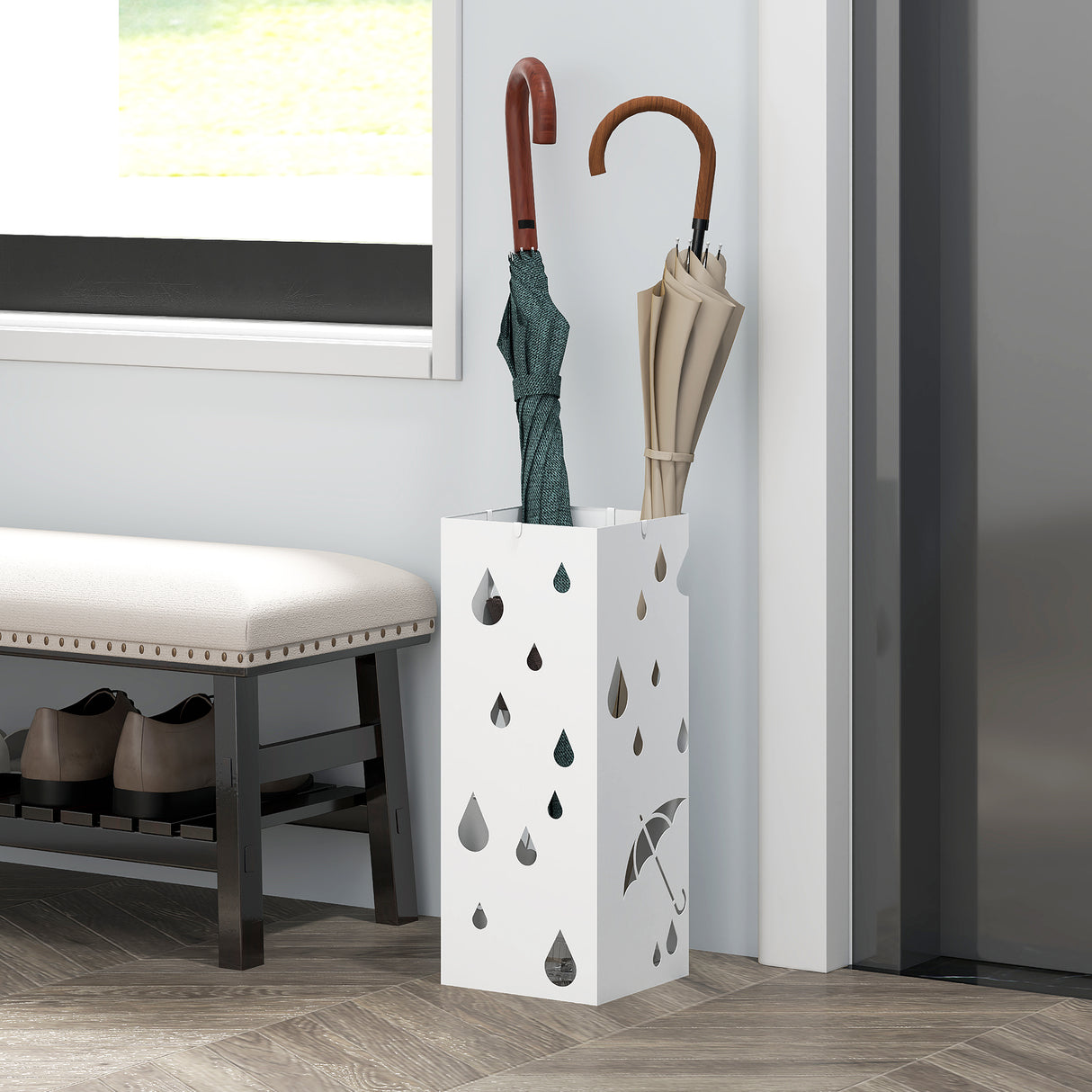 easycomfort easycomfort portaombrelli in metallo con 4 ganci e vaschetta raccogligocce 15 5x15 5x41cm bianco