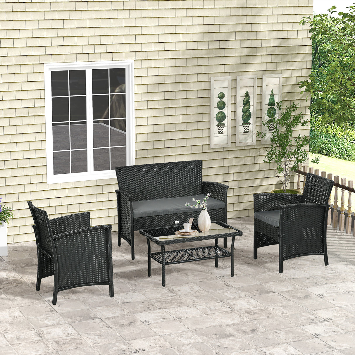 easycomfort easycomfort salotto da esterno rattan pe con divanetto 2 poltrone con cuscini e tavolino in vetro nero e grigio
