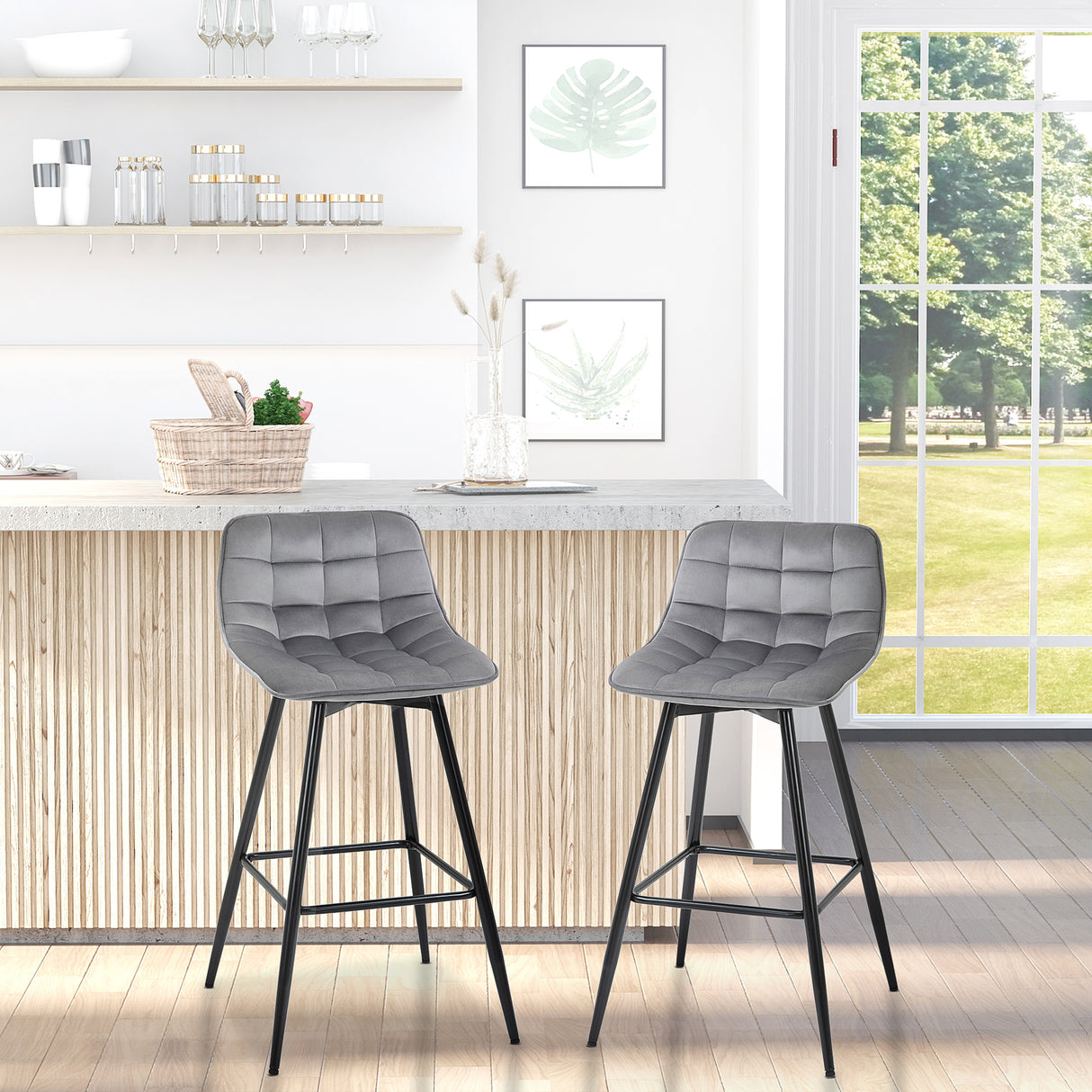 easycomfort easycomfort set 2 sgabelli alti in stile nordico con schienale e poggiapiedi sgabelli con schienale in tessuto effetto velluto e metallo 45x47x88 cm grigio ean 8054144138626