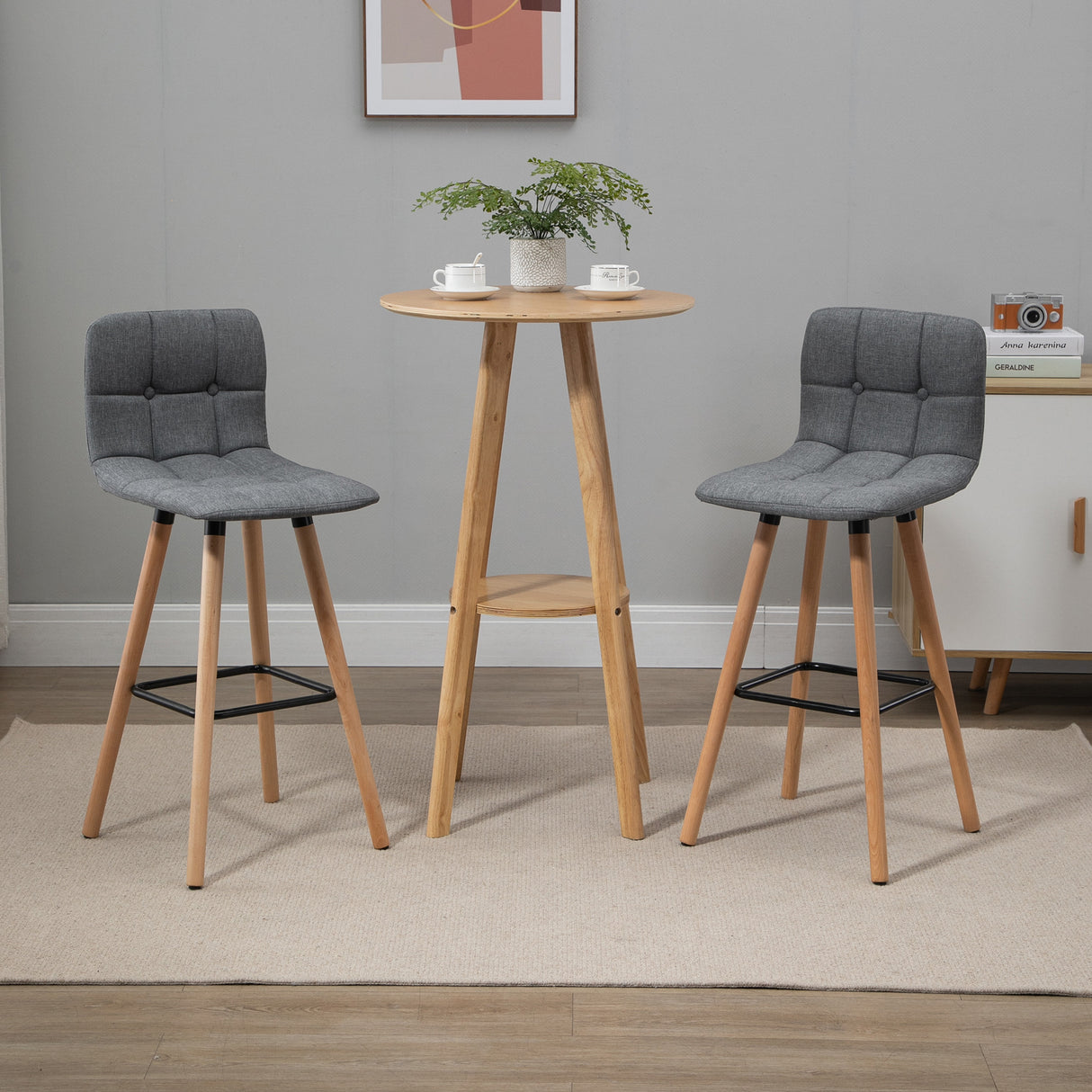 easycomfort easycomfort set 2 sgabelli da bar con schienale e poggiapiedi seduta imbottita in tessuto e gambe in legno 41 5x47x97 5 grigio