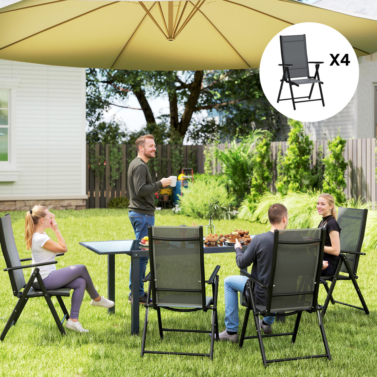 easycomfort easycomfort set 4 sedie da giardino pieghevoli e traspiranti con braccioli in acciaio e poliestere 56x69x106 cm grigio