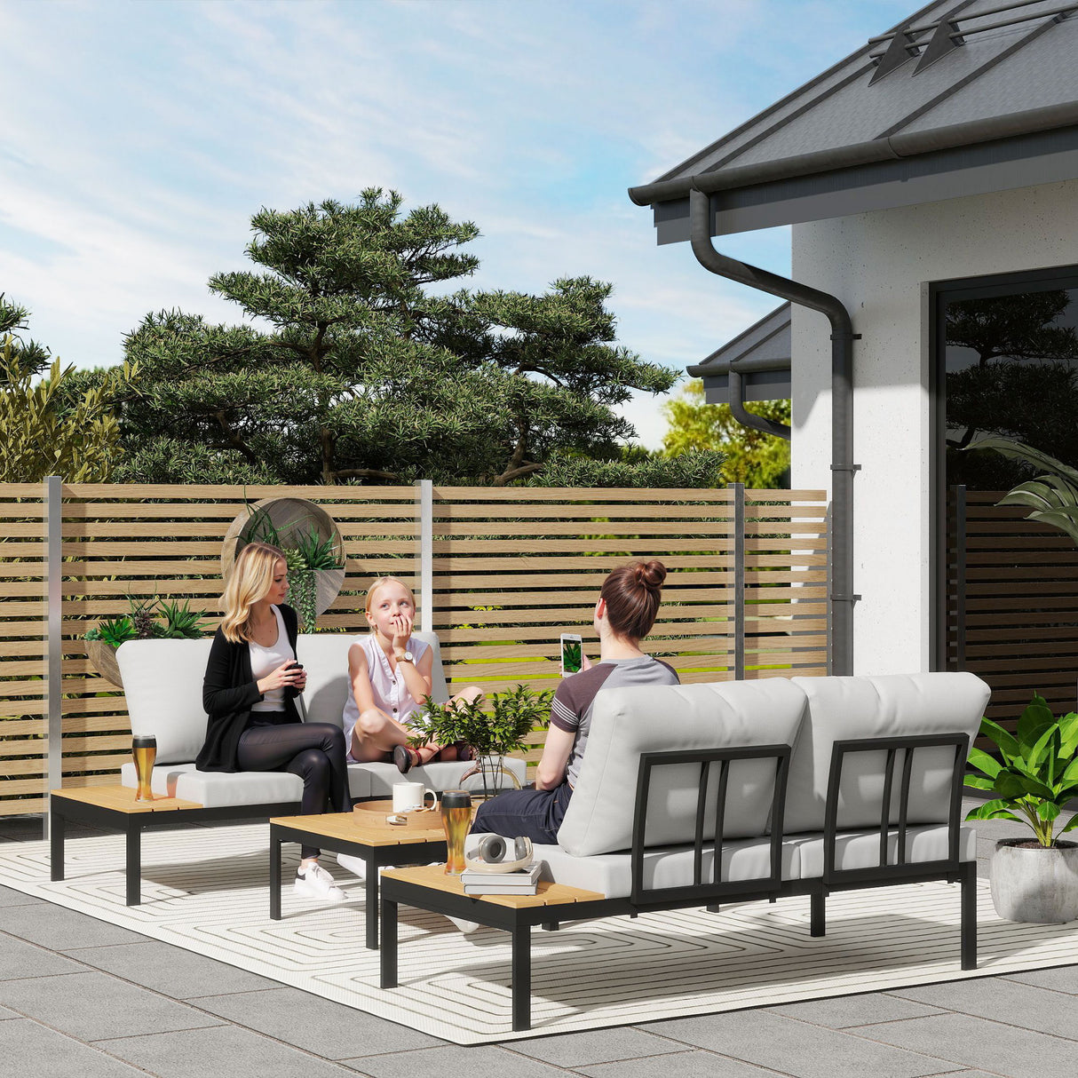 easycomfort easycomfort set da giardino 4 pezzi con 2 divanetti 2 posti e 2 tavolini in metallo e legno composito grigio nero e teak