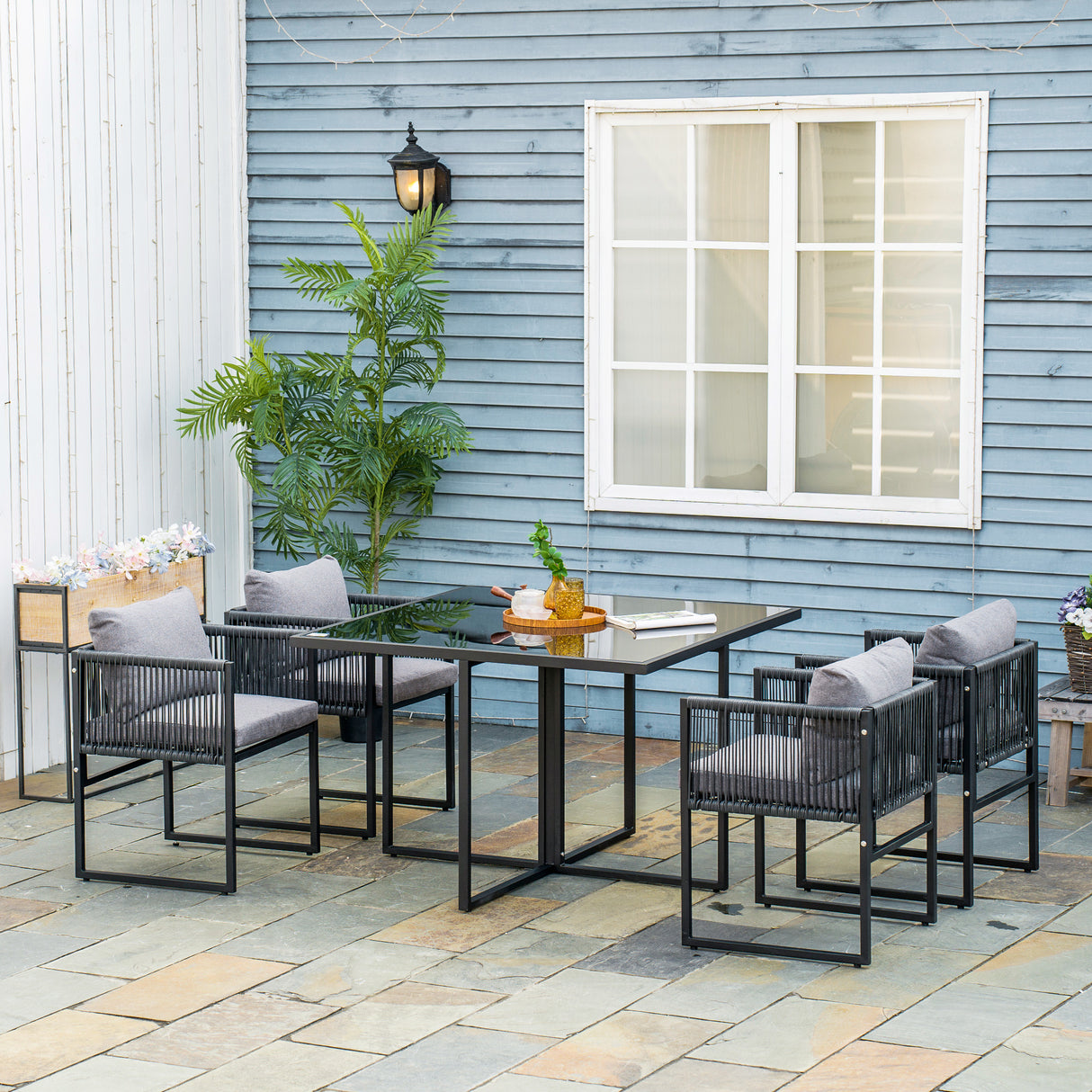 easycomfort easycomfort set da giardino 5 pezzi in rattan 4 sedie da giardino e tavolo da pranzo con piano in vetro