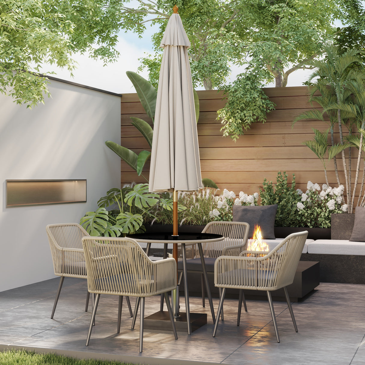 easycomfort easycomfort set da giardino 5 pezzi in rattan e acciaio con 4 sedie da esterno e tavolo rotondo con foro marrone e grigio