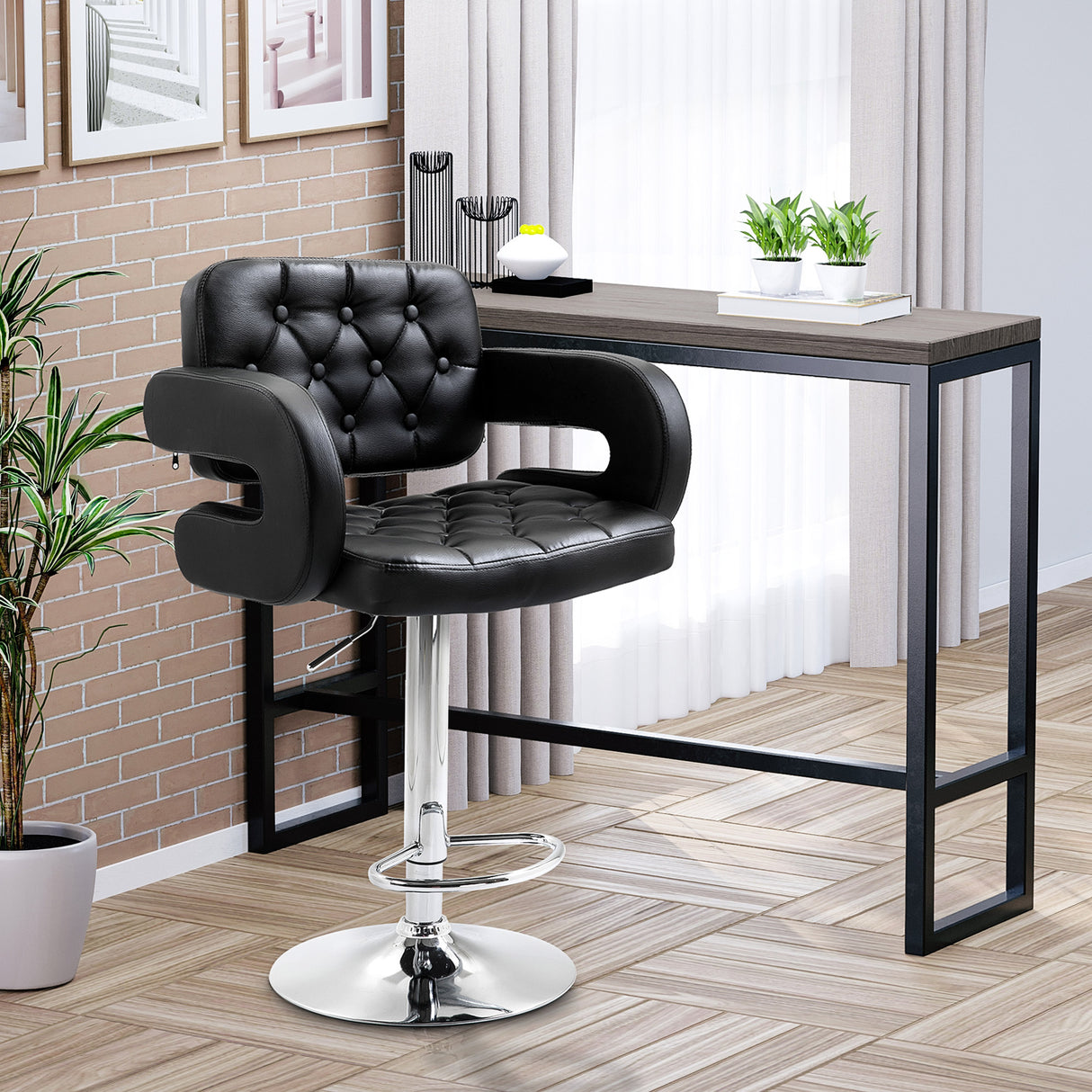 easycomfort easycomfort sgabello da bar alto con schienale e braccioli girevole con altezza regolabile e poggiapiedi finta pelle nera