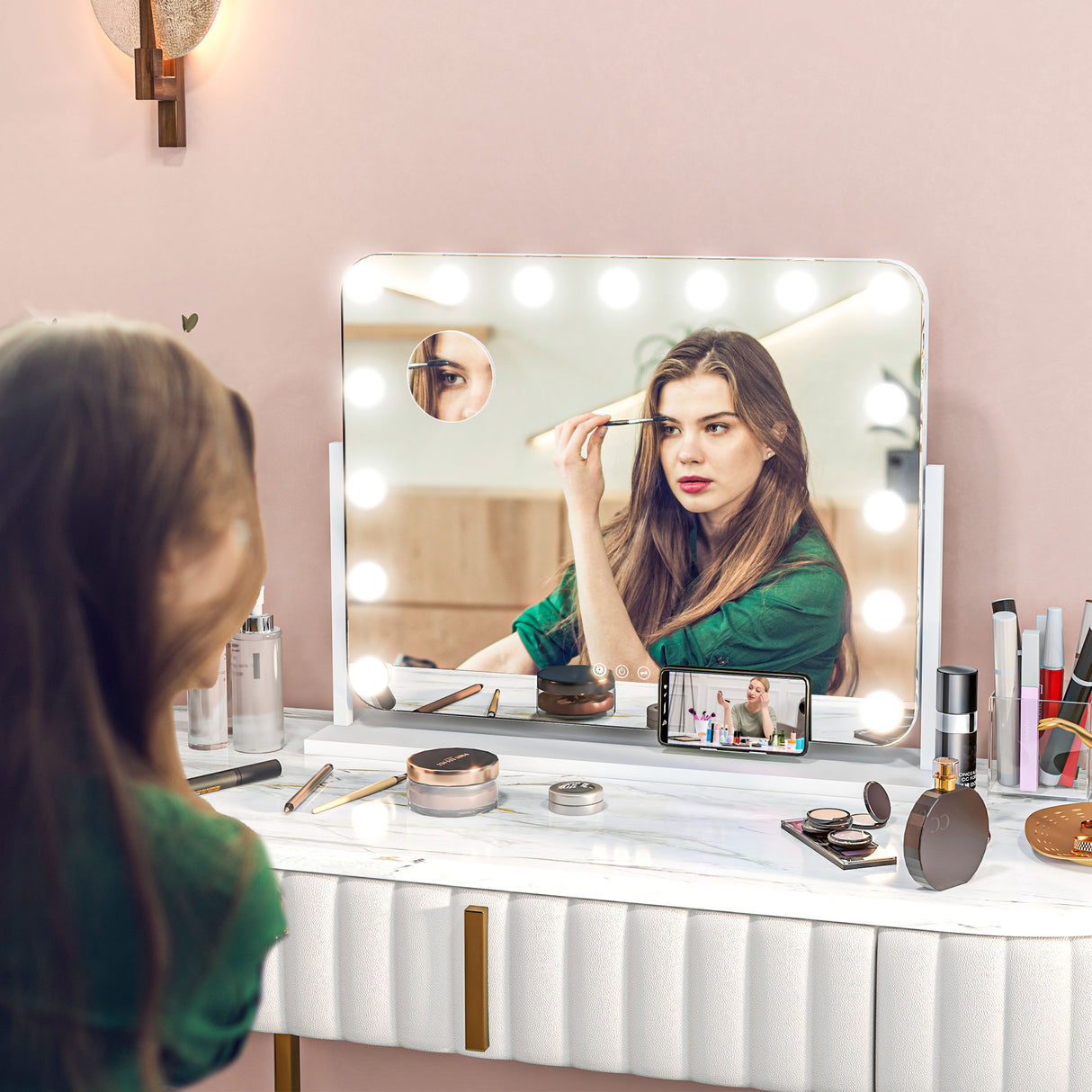 easycomfort easycomfort specchio da trucco con 14 luci led regolabili e ricarica usb in vetro e metallo 62 5x14x49 5 cm bianco