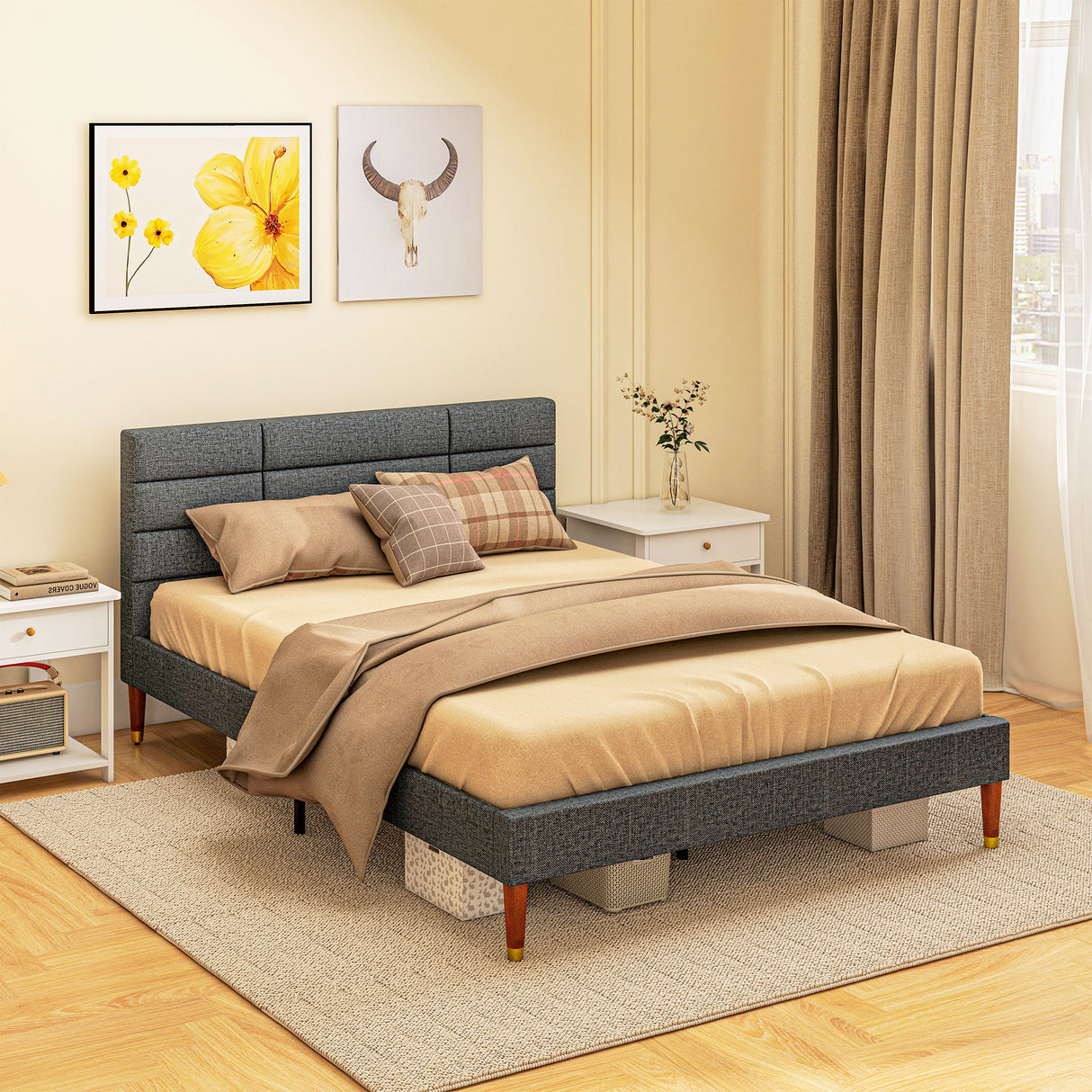 easycomfort easycomfort struttura letto con testiera per materassi matrimoniali in tessuto 141x207x88 cm grigia