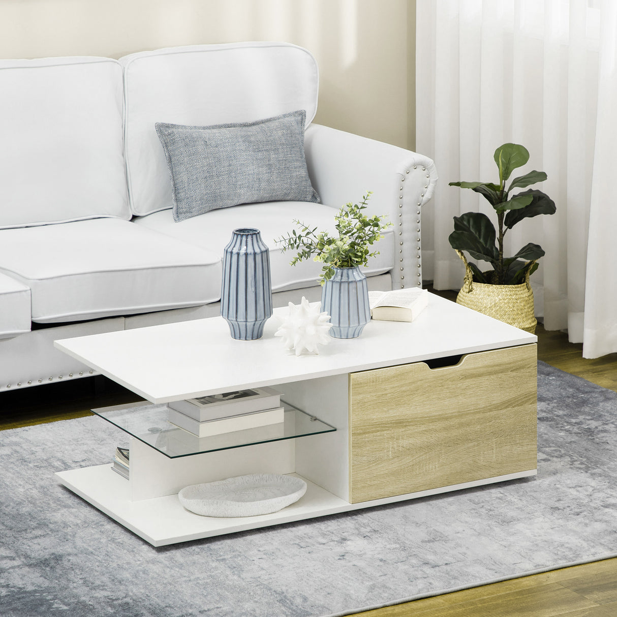 easycomfort easycomfort tavolino basso da caffe in truciolato con cassetti e ripiano in vetro per soggiorno e ingresso 106x58x39 cm bianco