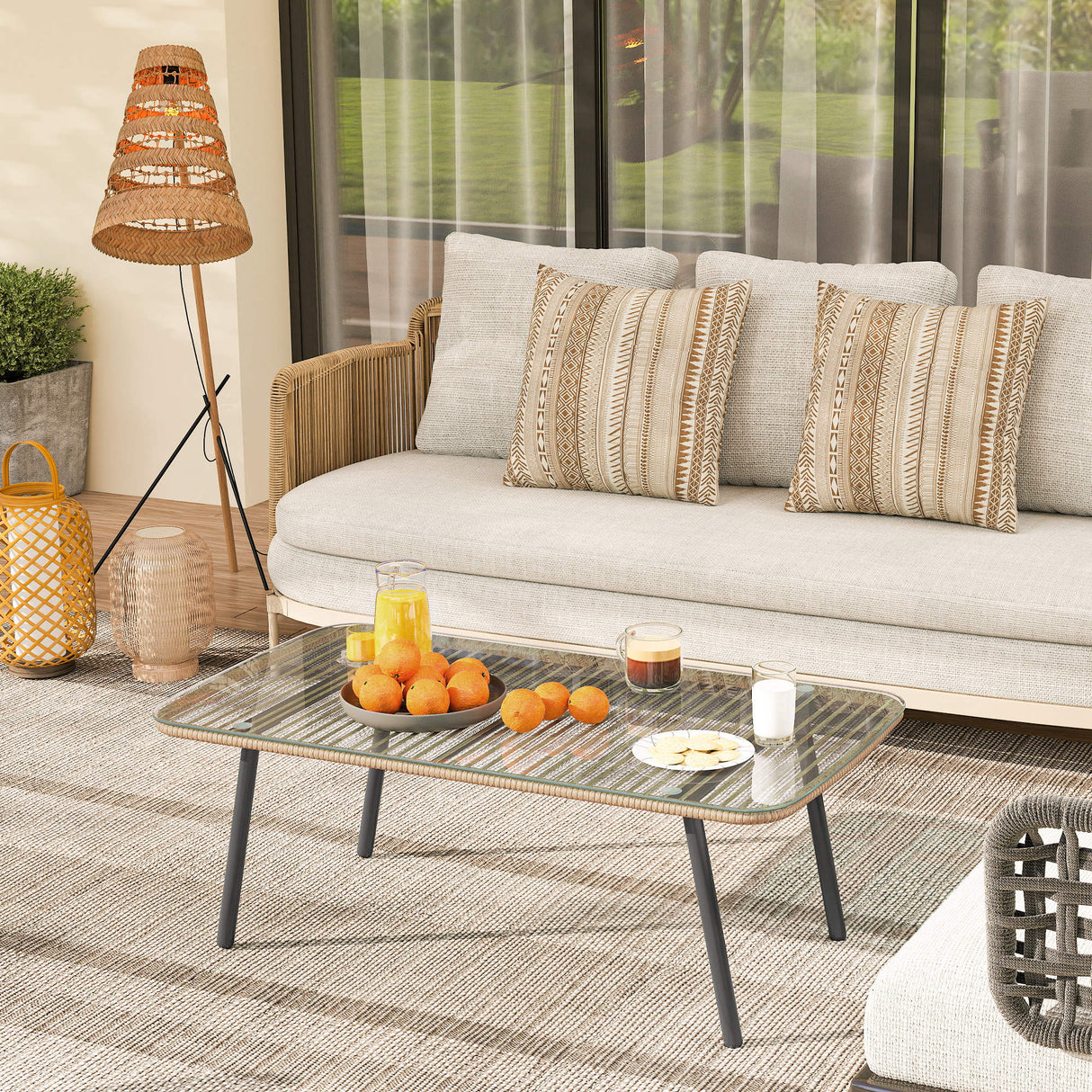 easycomfort easycomfort tavolino da giardino in rattan pe con piano in vetro e acciaio 110x60x40 cm legno naturale