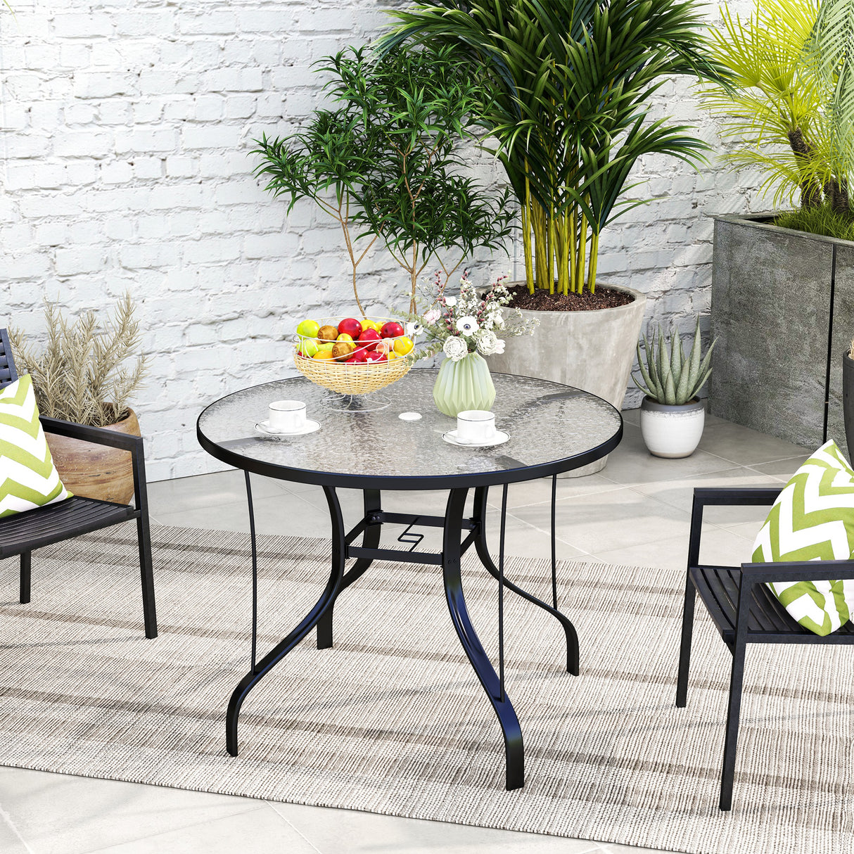 easycomfort easycomfort tavolino da giardino rotondo con foro per ombrellone in metallo e vetro temperato 96 5x71 cm nero