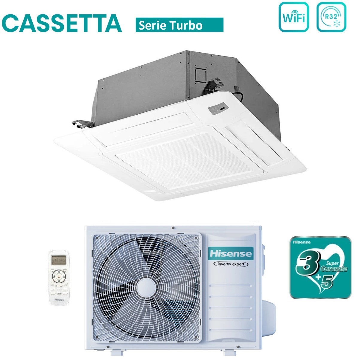 climatizzatore condizionatore hisense inverter a cassetta serie turbo 12000 btu act35ur4rcc8 _ auw35u4rs8 r 32 wi fi optional classe a__ a_ con telecomando e pannello incluso
