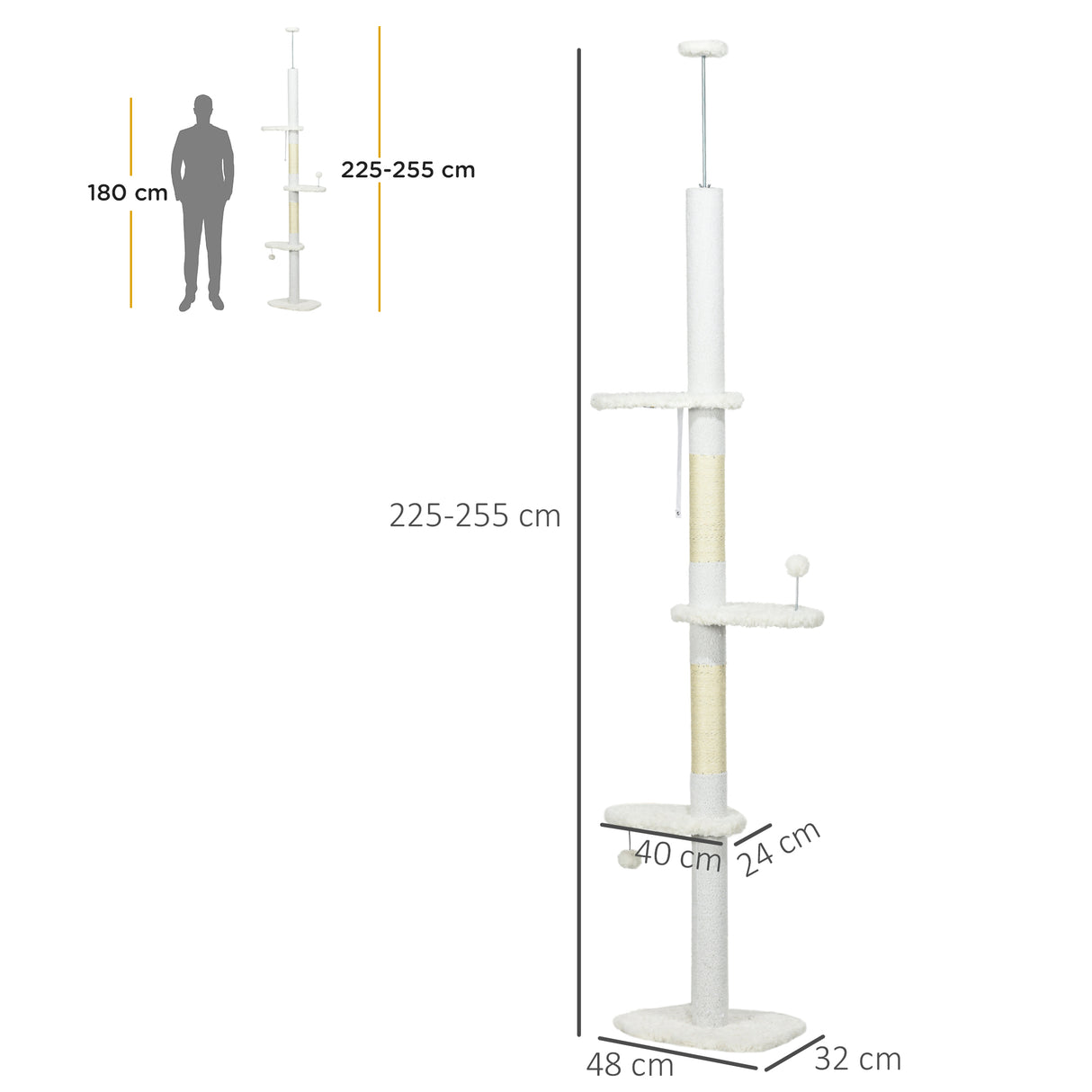 easycomfort easycomfort albero per gatti a soffitto con altezza regolabile e pali tiragraffi in cotone 48x32x225 255 cm bianco