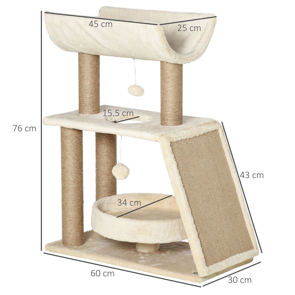 easycomfort easycomfort albero tiragraffi per gatti con lettino cuccia e tappetino in legno peluche e sisal 60x30x76 cm marrone chiaro
