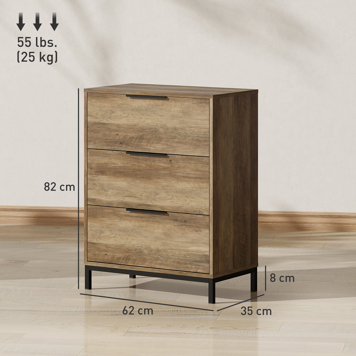 easycomfort easycomfort cassettiera 3 cassetti antiribaltamento con maniglie nere in legno e metallo 62x35x82 cm marrone scuro