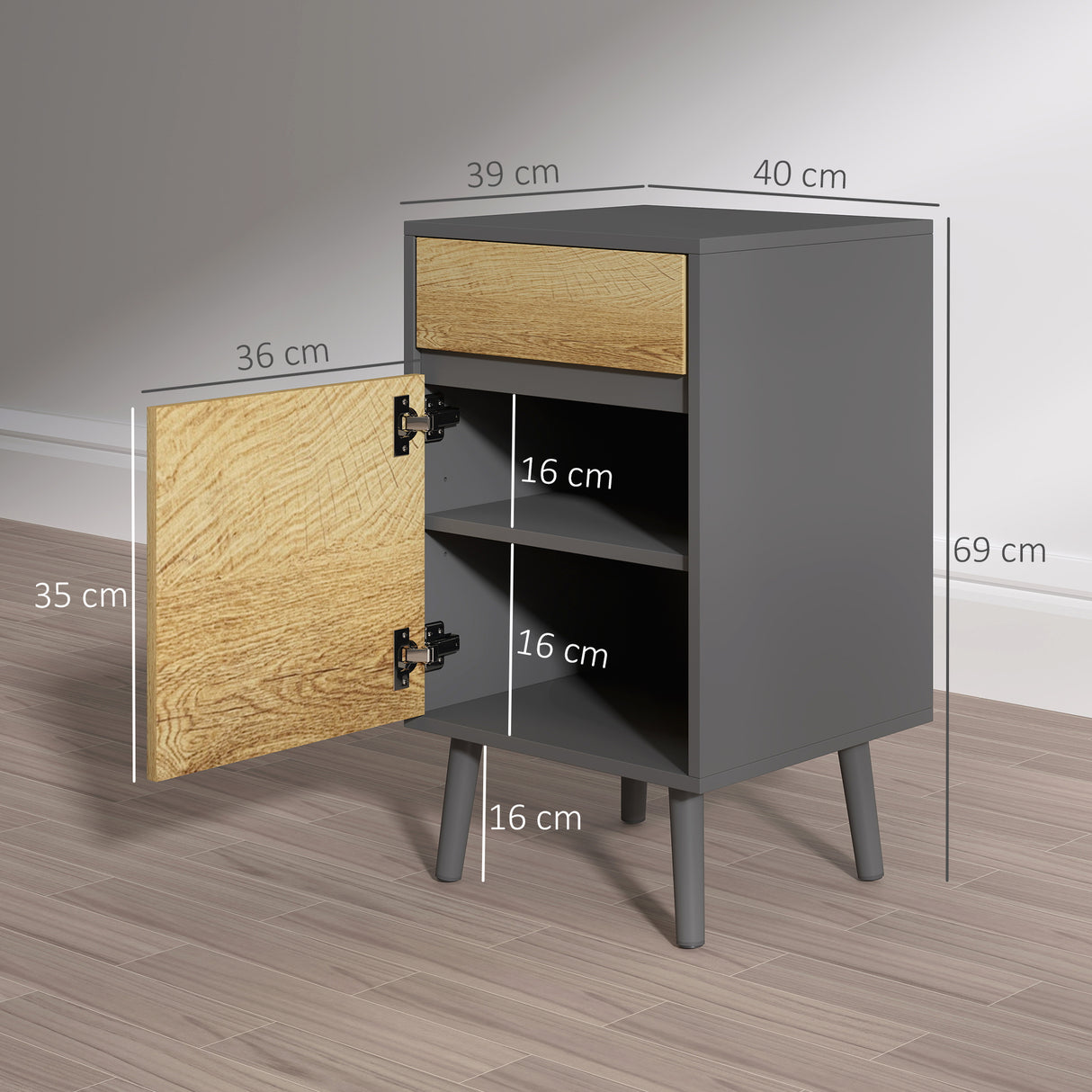 easycomfort easycomfort comodino con cassetto e armadietto moderno senza maniglie 40x39x69 cm grigio scuro e legno