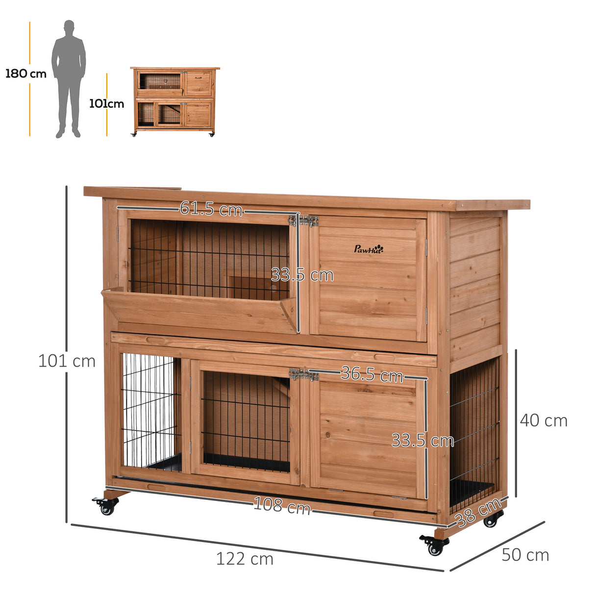 easycomfort easycomfort conigliera in legno a 2 livelli con ruote vassoio estraibile e rampa 122x50x101cm