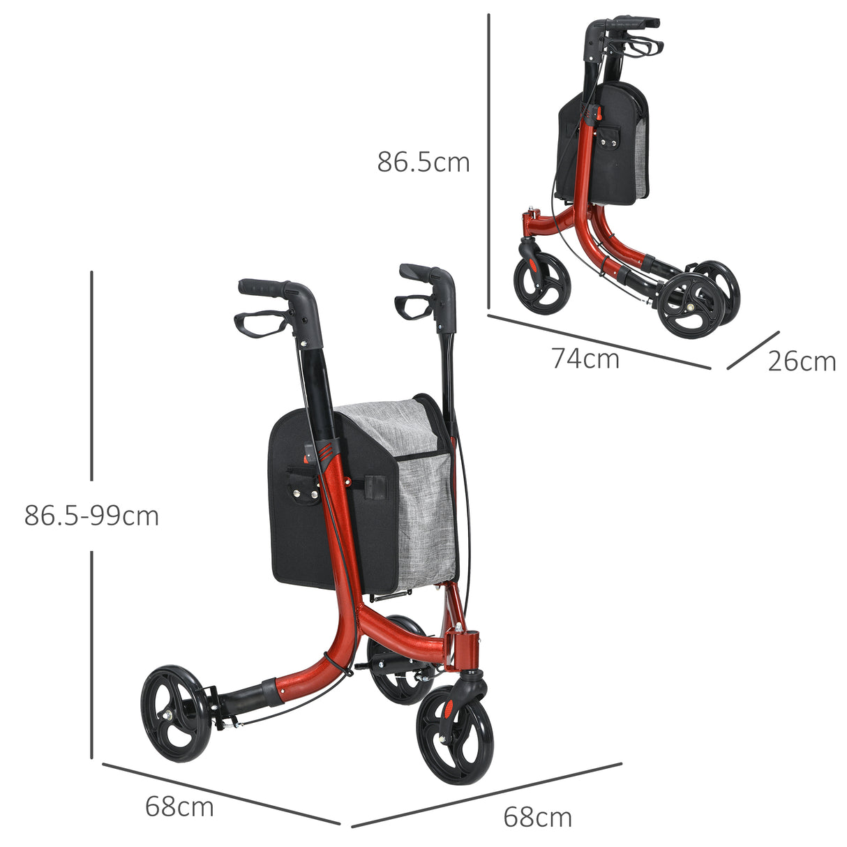 easycomfort easycomfort deambulatore ad altezza regolabile con 3 ruote e tasca portaoggetti in alluminio 68x68x86 5 99 cm rosso