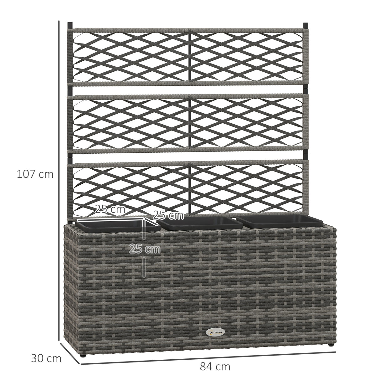 easycomfort easycomfort fioriera con grigliato per rampicanti con 3 vasi in acciaio e rattan pe 84x30x107cm grigio