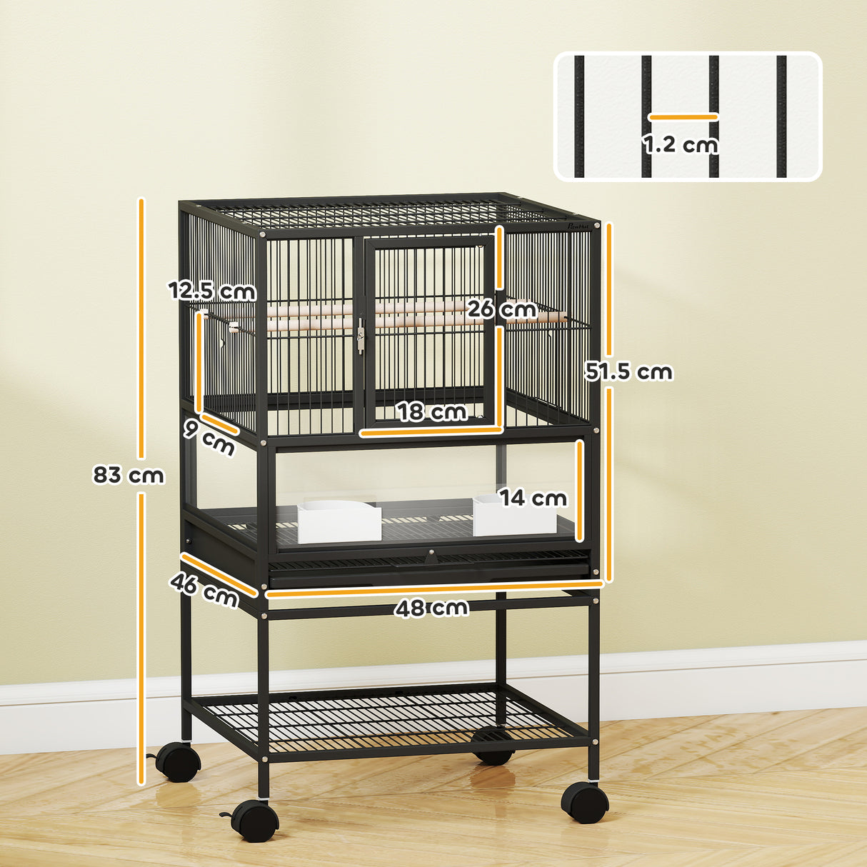 easycomfort easycomfort gabbia per uccelli con ripiano inferiore vassoio e griglia rimovibili in acciaio e pp 48x46x83 cm nero