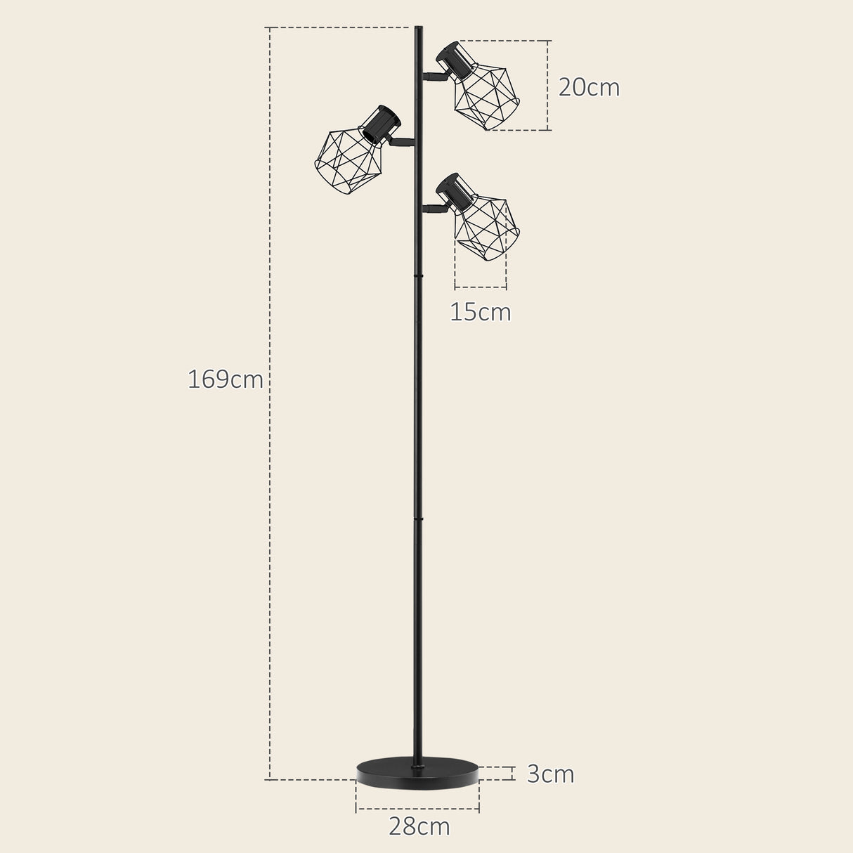 easycomfort easycomfort lampada da terra 40w con 3 luci regolabili e interruttore a manopola in metallo 41x28x169 cm nero