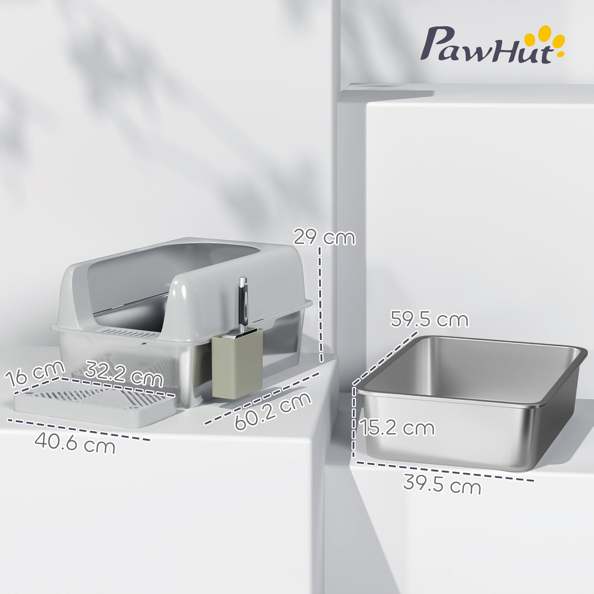 easycomfort easycomfort lettiera per gatti con gradino paletta e box portaoggetti in acciaio inox e abs 60 2x40 6x29 cm grigio chiaro