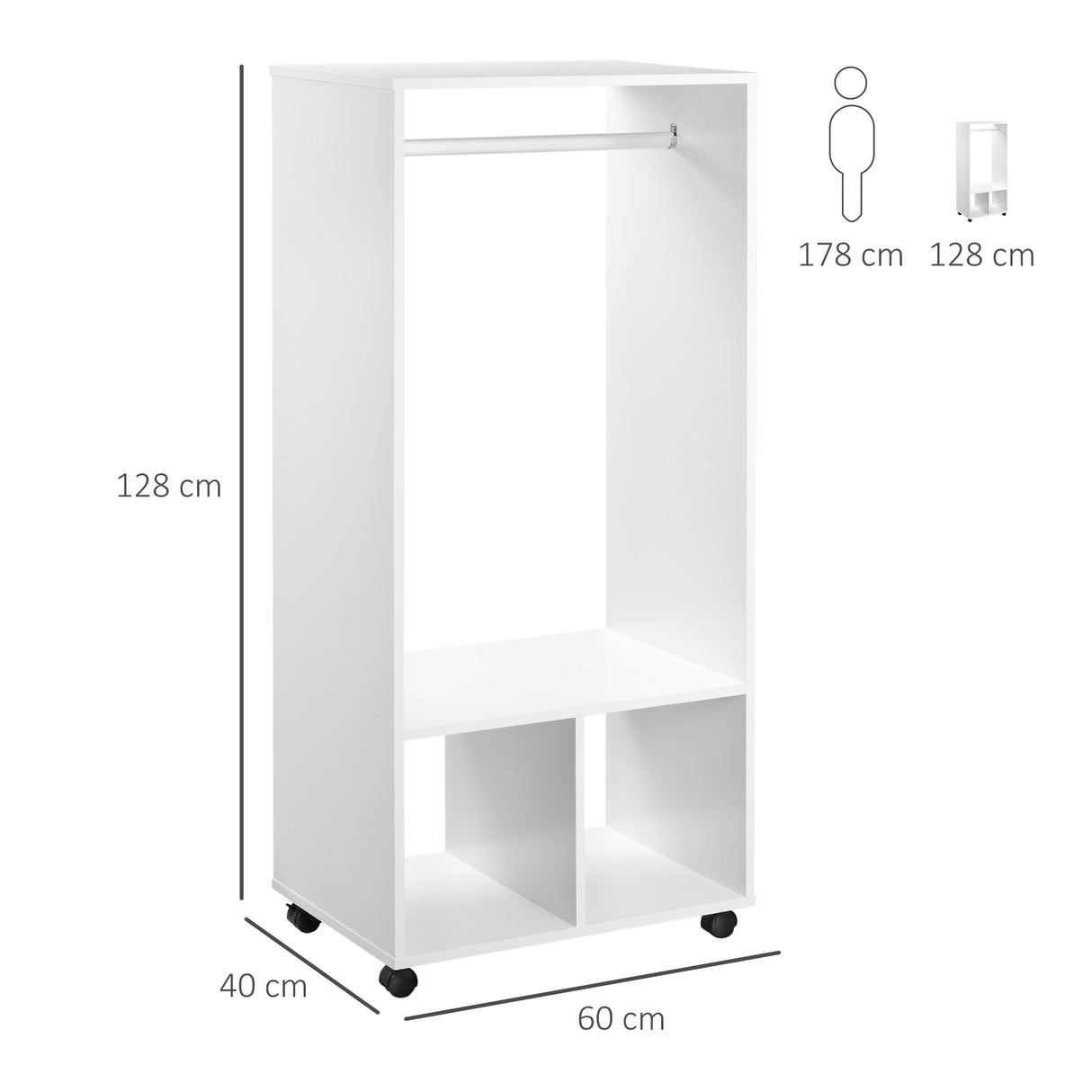 easycomfort easycomfort mobile appendiabiti con barra in alluminio e 2 ripiani aperti in truciolato 60x40x128 cm bianco