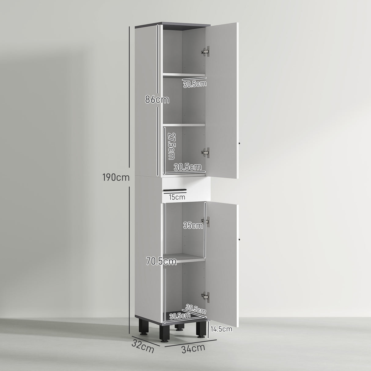 easycomfort easycomfort mobile colonna bagno con 2 armadietti con ripiani regolabili e cassetto 34x32x190 cm bianco